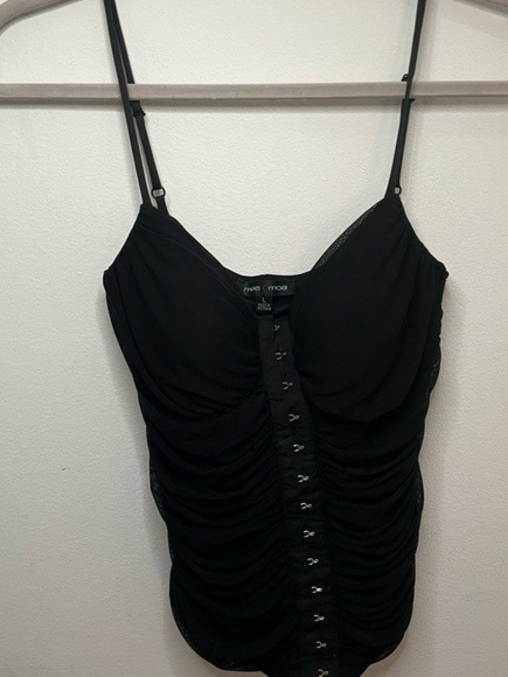 Fitted Black Ruched Camisole Top with Front Hook Detail